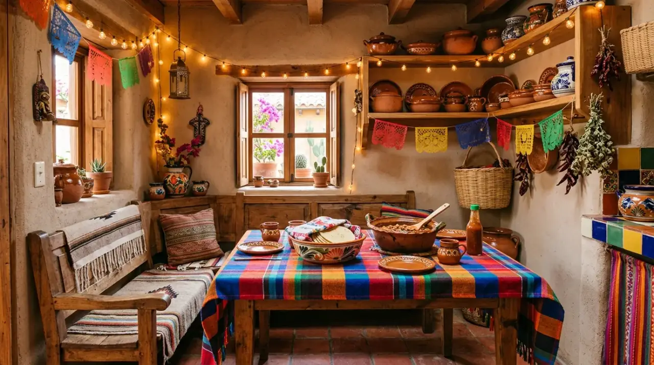 Plants in Mexican kitchen. Greenery and citrus bringing freshness to a colorful kitchen.