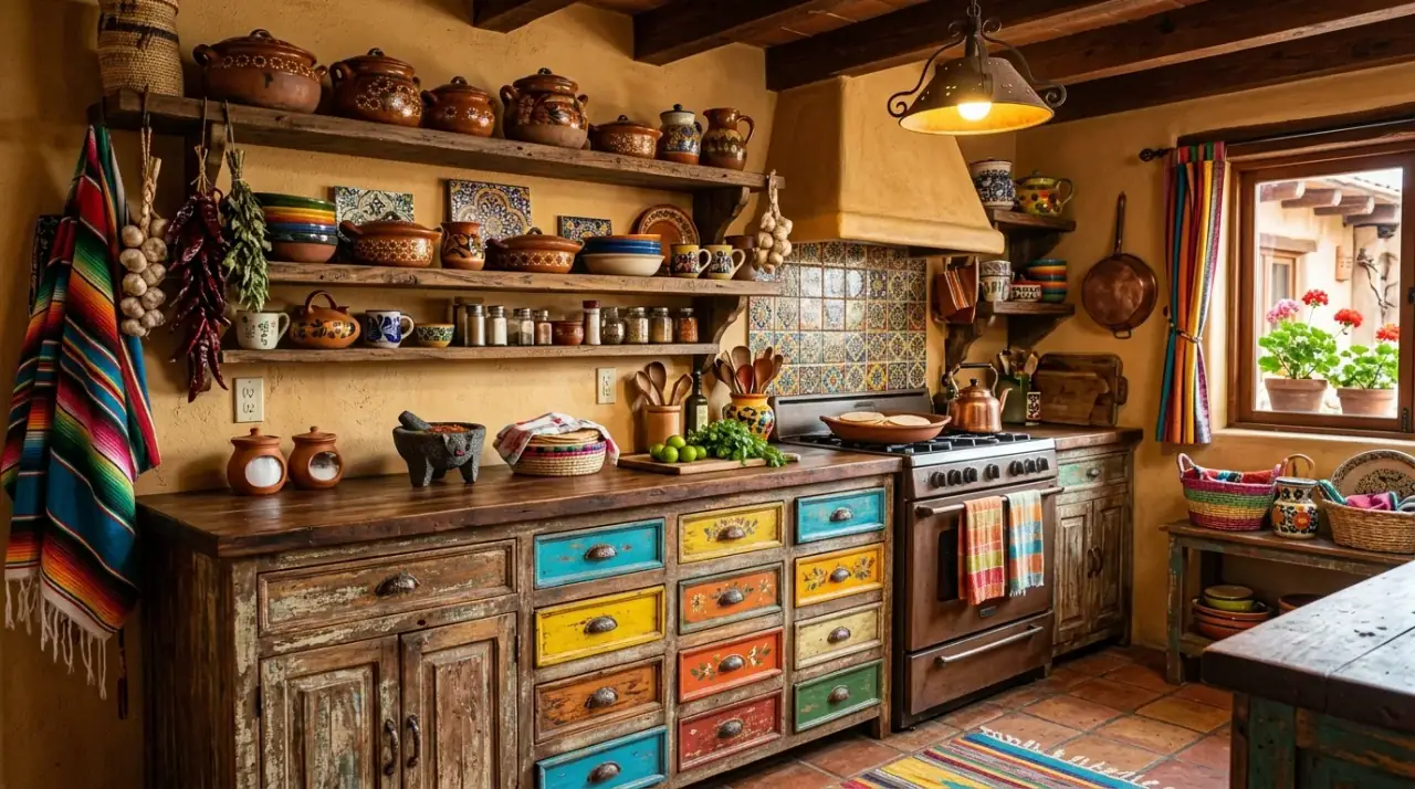Wood accents Mexican kitchen. Rustic timber details grounding colorful kitchen decor.