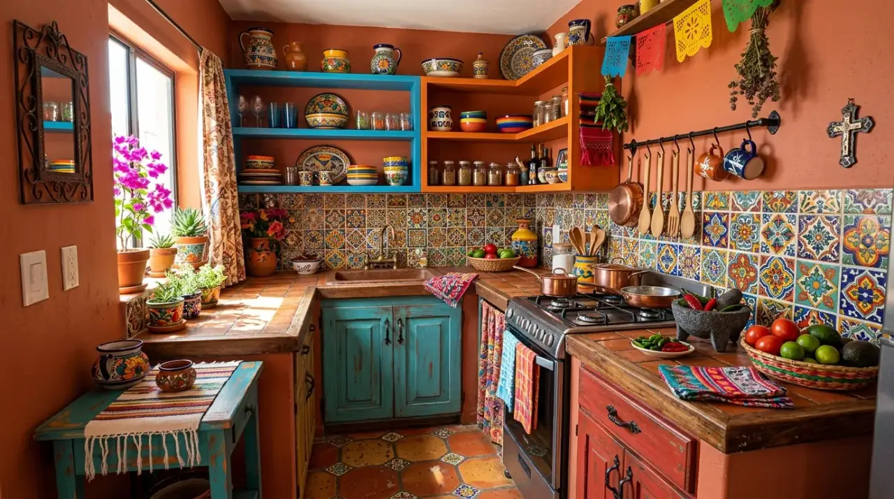 Fiesta bar kitchen corner. Colorful serving station adding festive function to the kitchen.