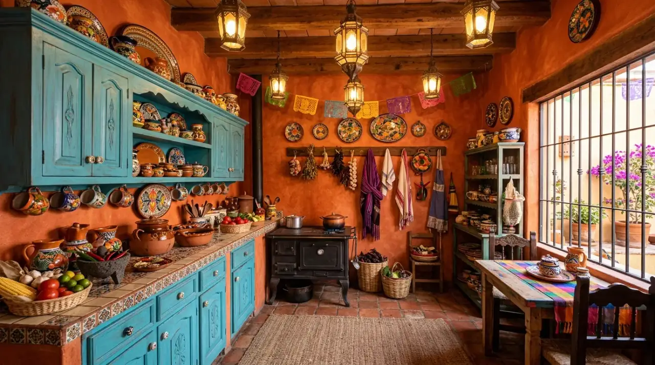 Handmade decor Mexican kitchen. Artisan kitchen pieces used practically in a colorful everyday setting.