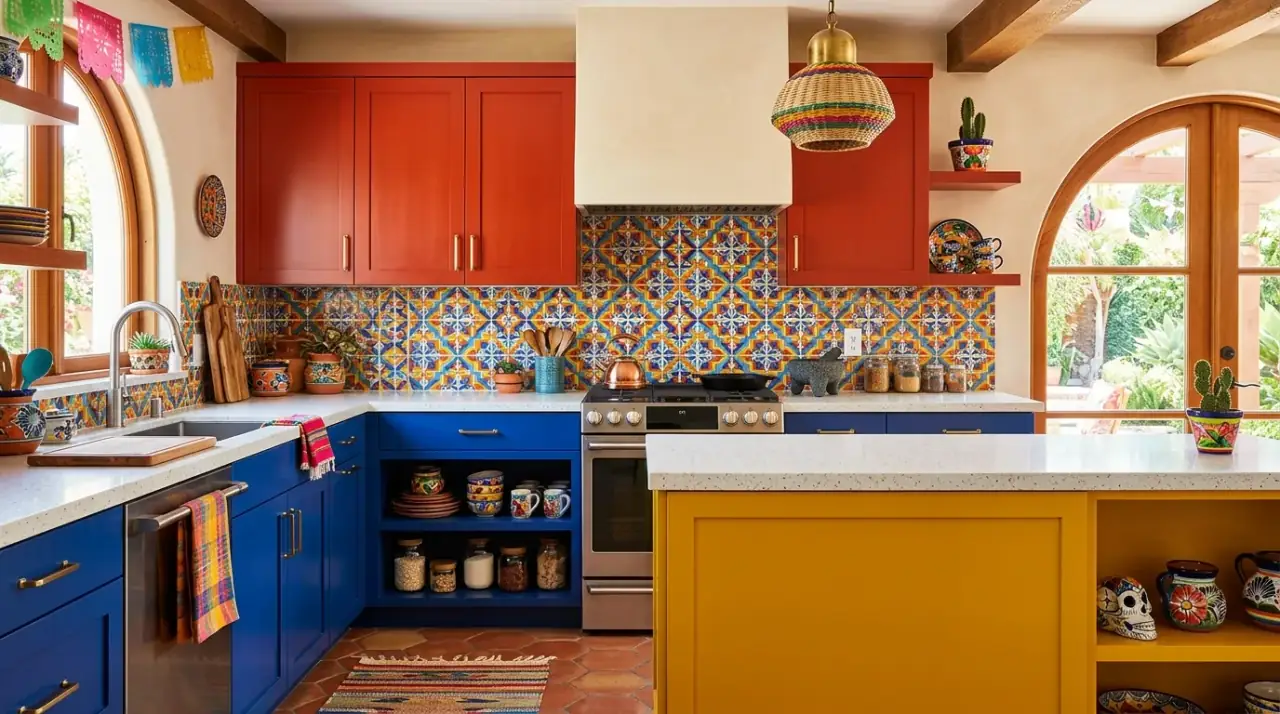 Mexican kitchen overview. Colorful artisan kitchen balancing festive energy with warmth and cohesion.