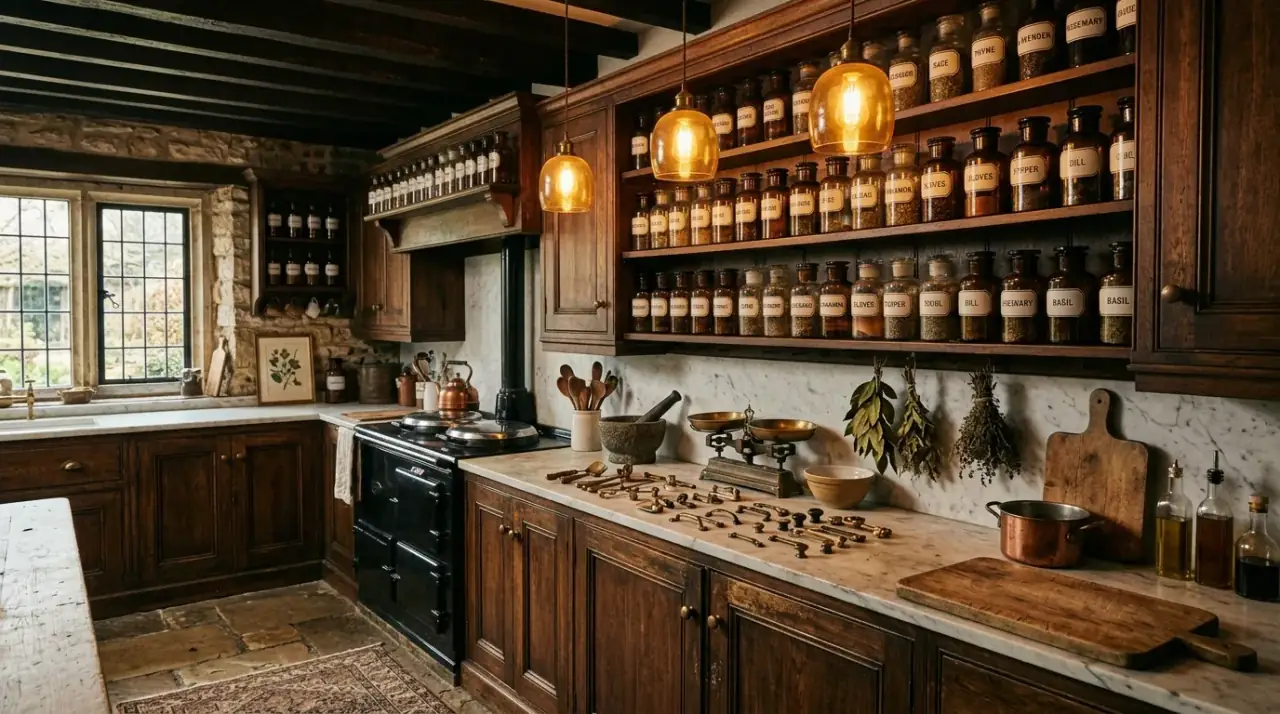 Vintage apothecary aesthetic kitchen full of old-world charm and collected detail.