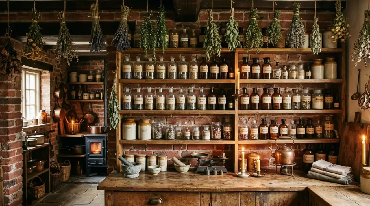 Glass jars apothecary kitchen. Visible pantry storage creating a collected vintage kitchen mood.