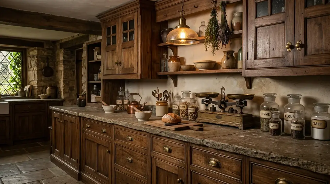 Dark wood apothecary kitchen. Rich timber surfaces building old-world depth and warmth.