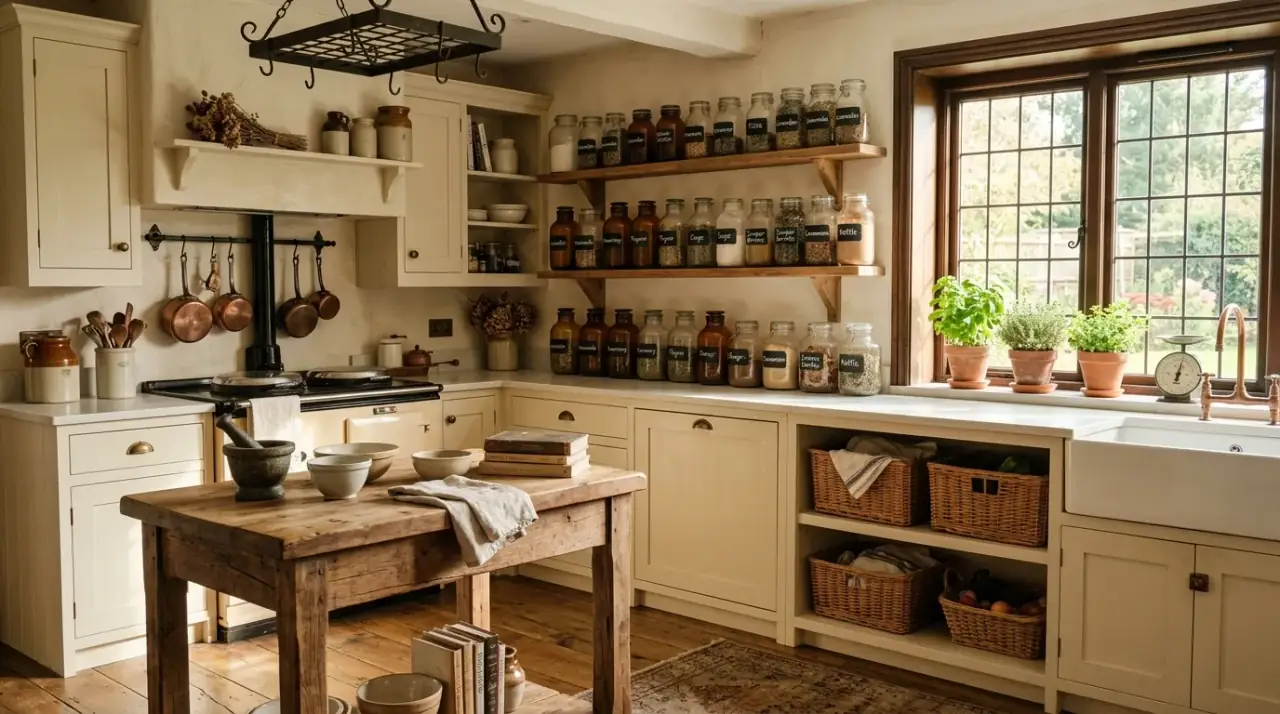 Vintage hardware apothecary kitchen. Old-style cabinet details reinforcing a classic apothecary atmosphere.