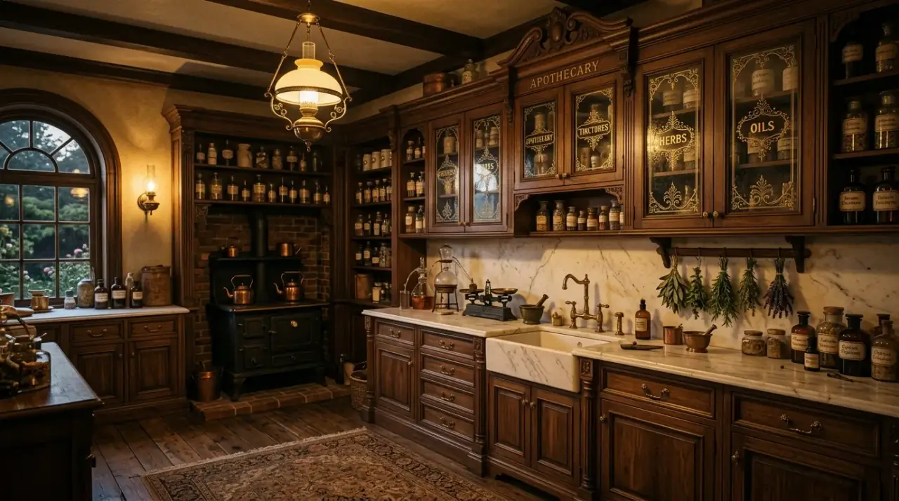 Herbs and ceramics on apothecary shelves. Natural layers and useful objects adding charm to a vintage kitchen.