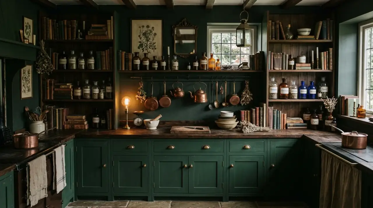 Patinated metal apothecary kitchen. Aged finishes creating depth and authenticity in a storied kitchen.