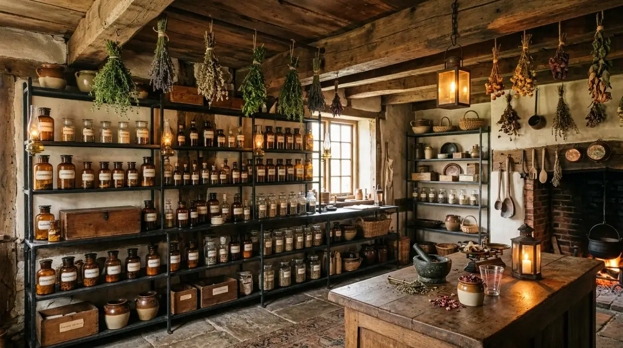 Moody apothecary kitchen walls. Rich background color deepening the vintage charm of the space.