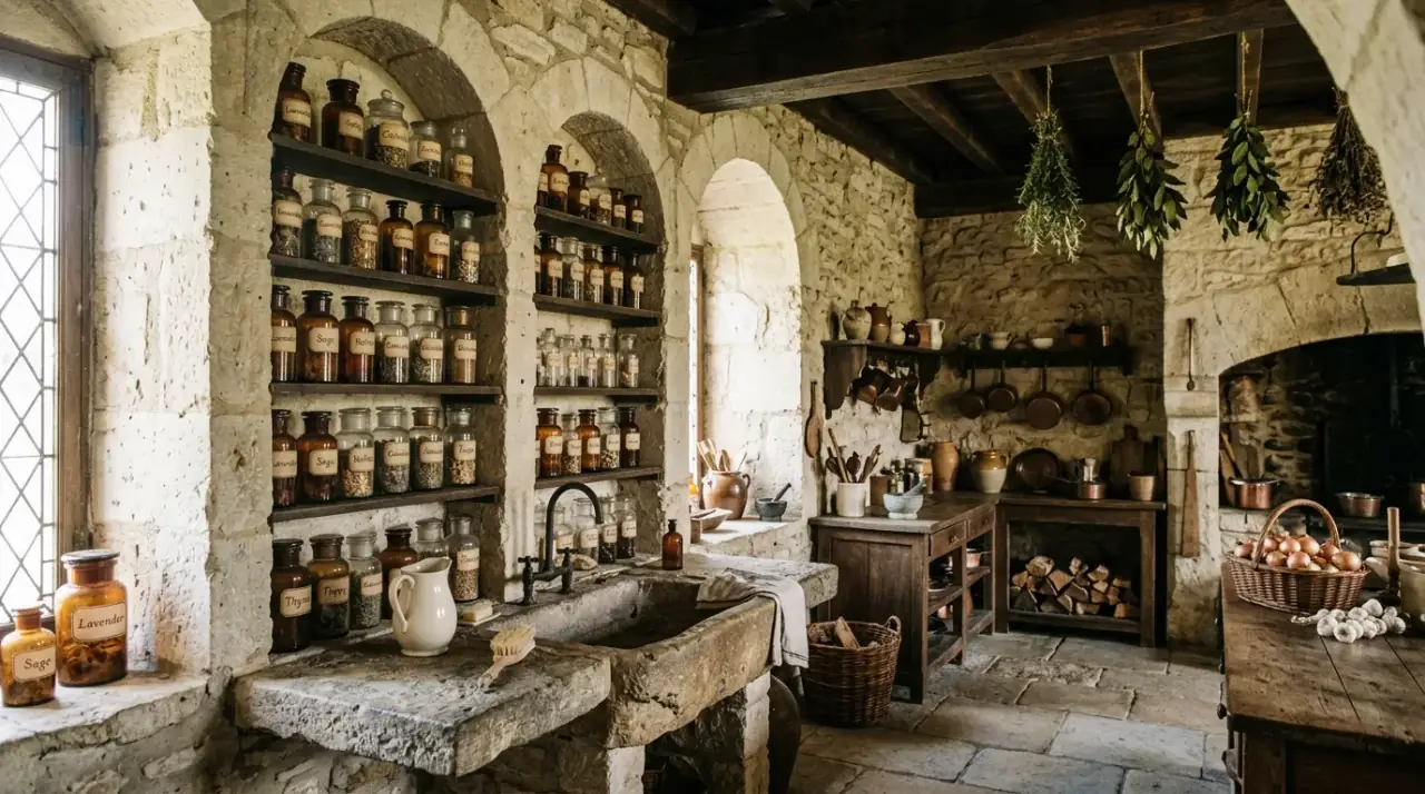 Freestanding furniture apothecary kitchen. Collected vintage furnishings adding old-world variety to the layout.