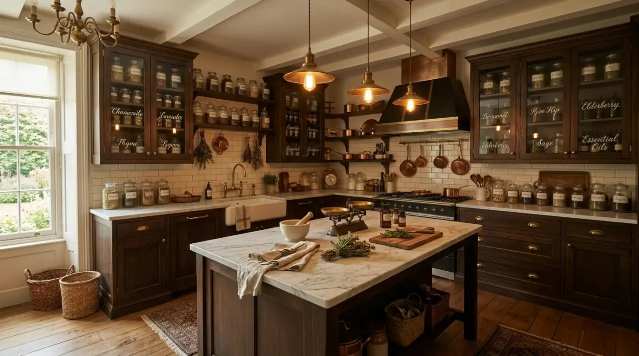 Botanical apothecary kitchen decor. Old labels and prints bringing personality to a vintage-inspired kitchen.
