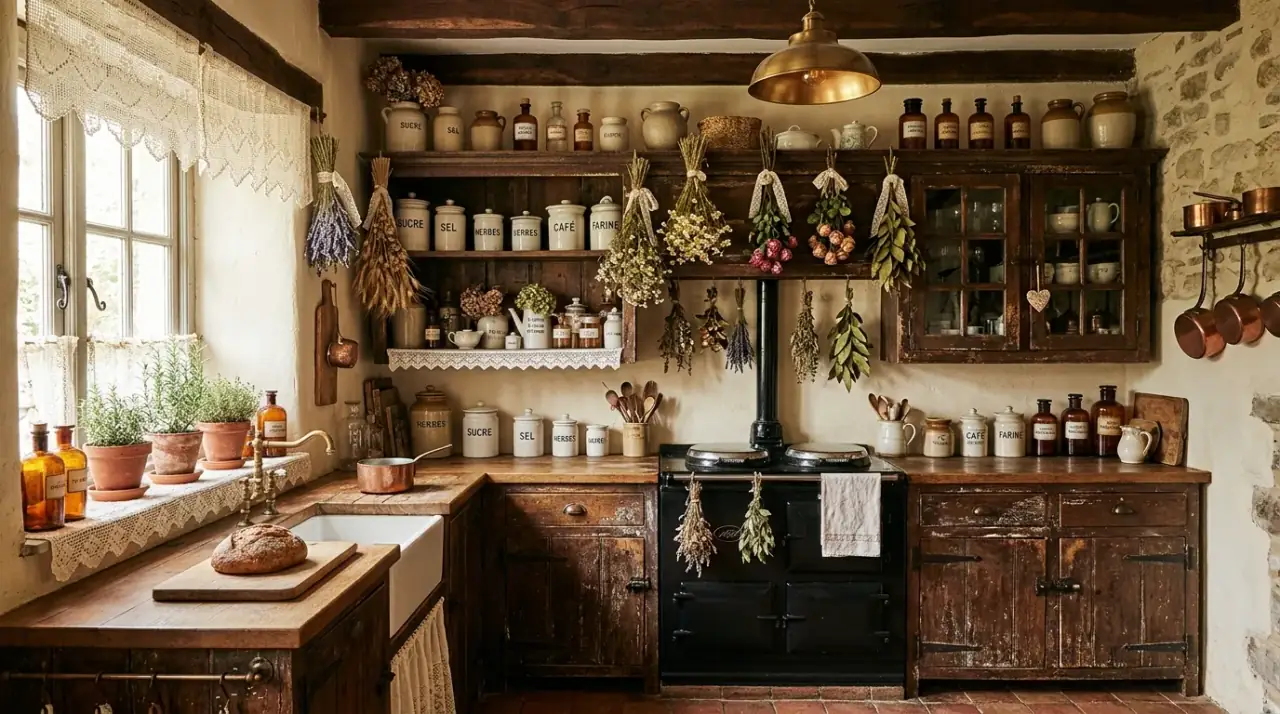 Textured apothecary kitchen walls. Brick and plaster surfaces adding age and tactile charm.