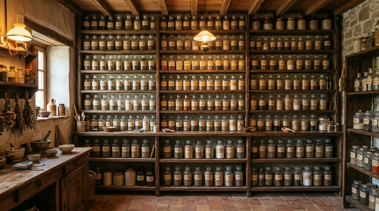 Layered lighting apothecary kitchen. Warm atmospheric lighting deepening the old-world kitchen ambiance.