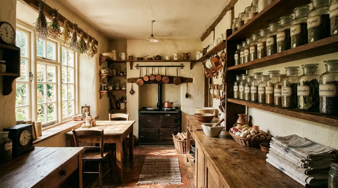 Vintage apothecary kitchen overview. Collected old-world kitchen design balancing charm, storage, and daily function.