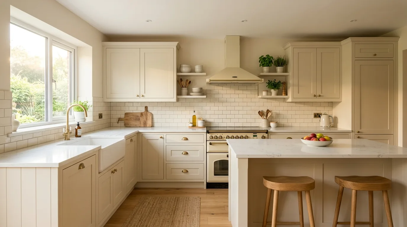 Warm cream kitchen styled to feel soft, inviting, and naturally bright.