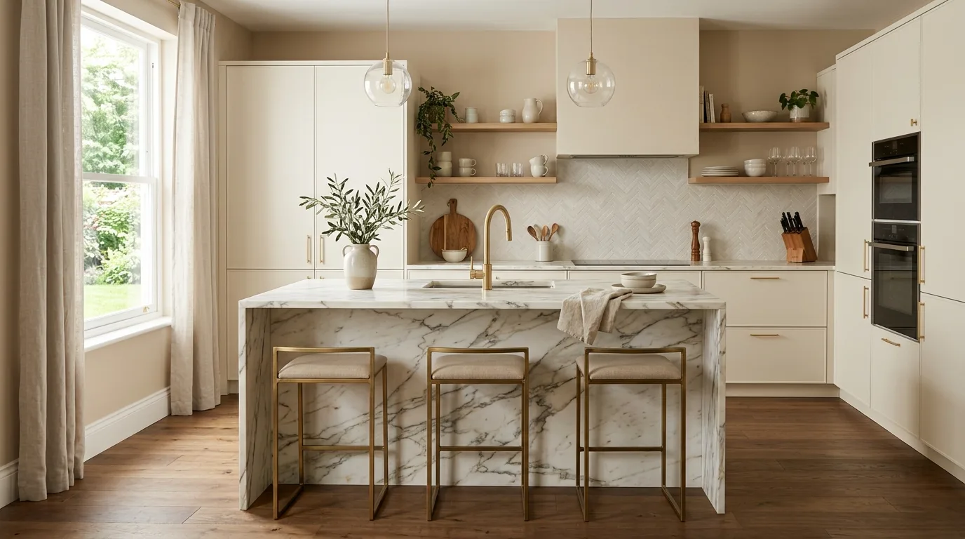 Cream kitchen with wood accents. Warm layered materials creating an inviting cookspace.