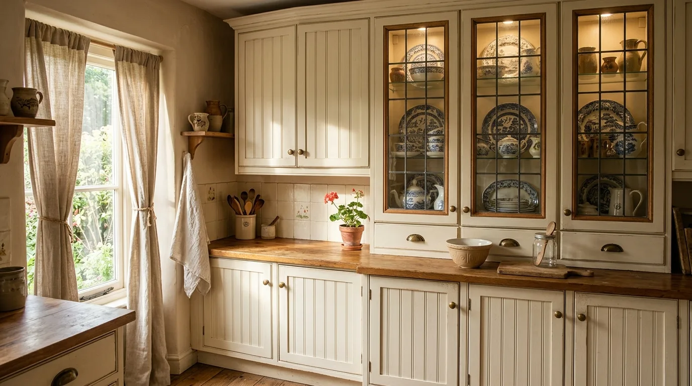 Cream Shaker kitchen cabinets. Classic cabinet style softened by a warm creamy finish.