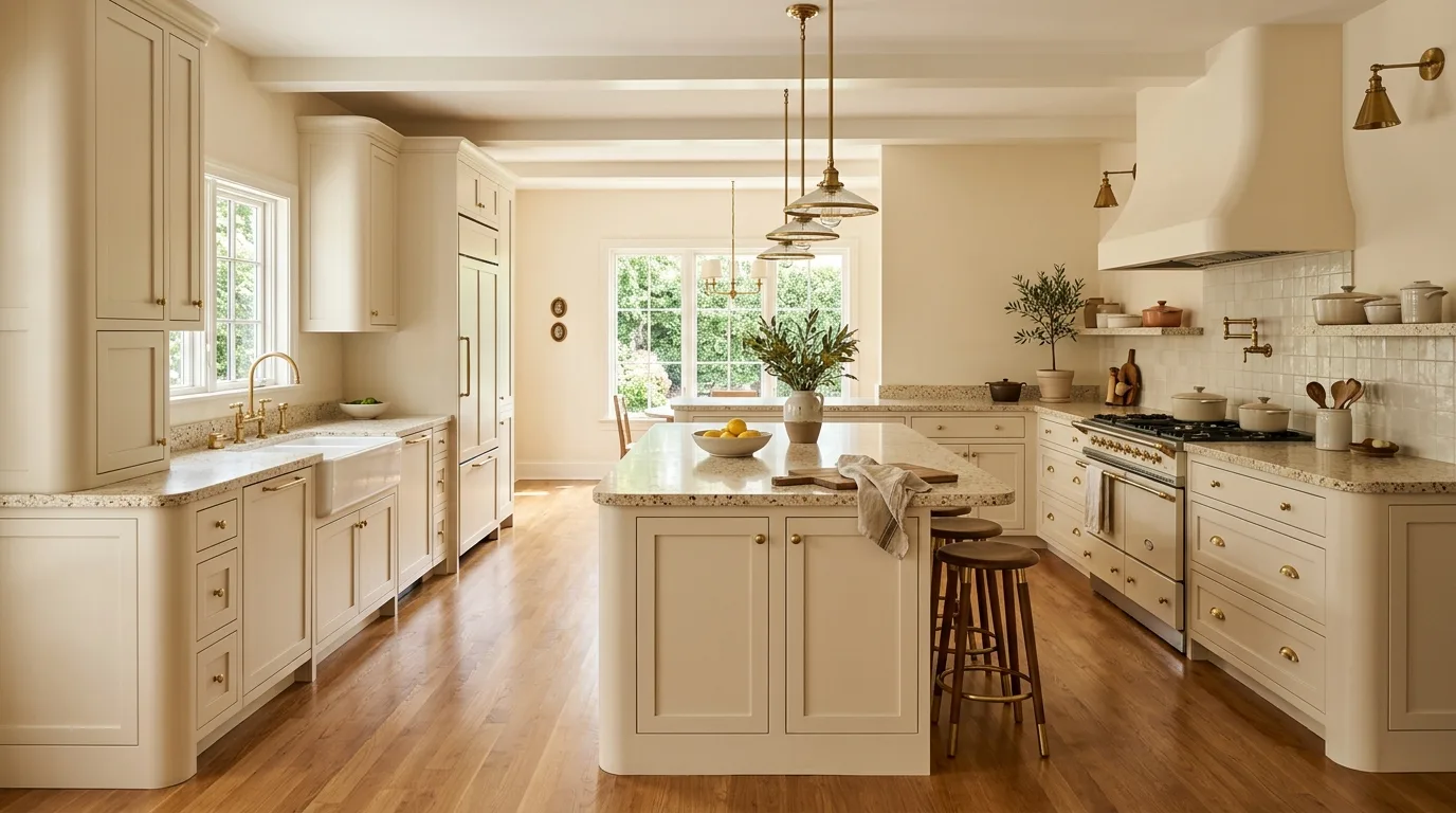 Cream kitchen walls. Soft warm wall color brightening the cookspace gently.