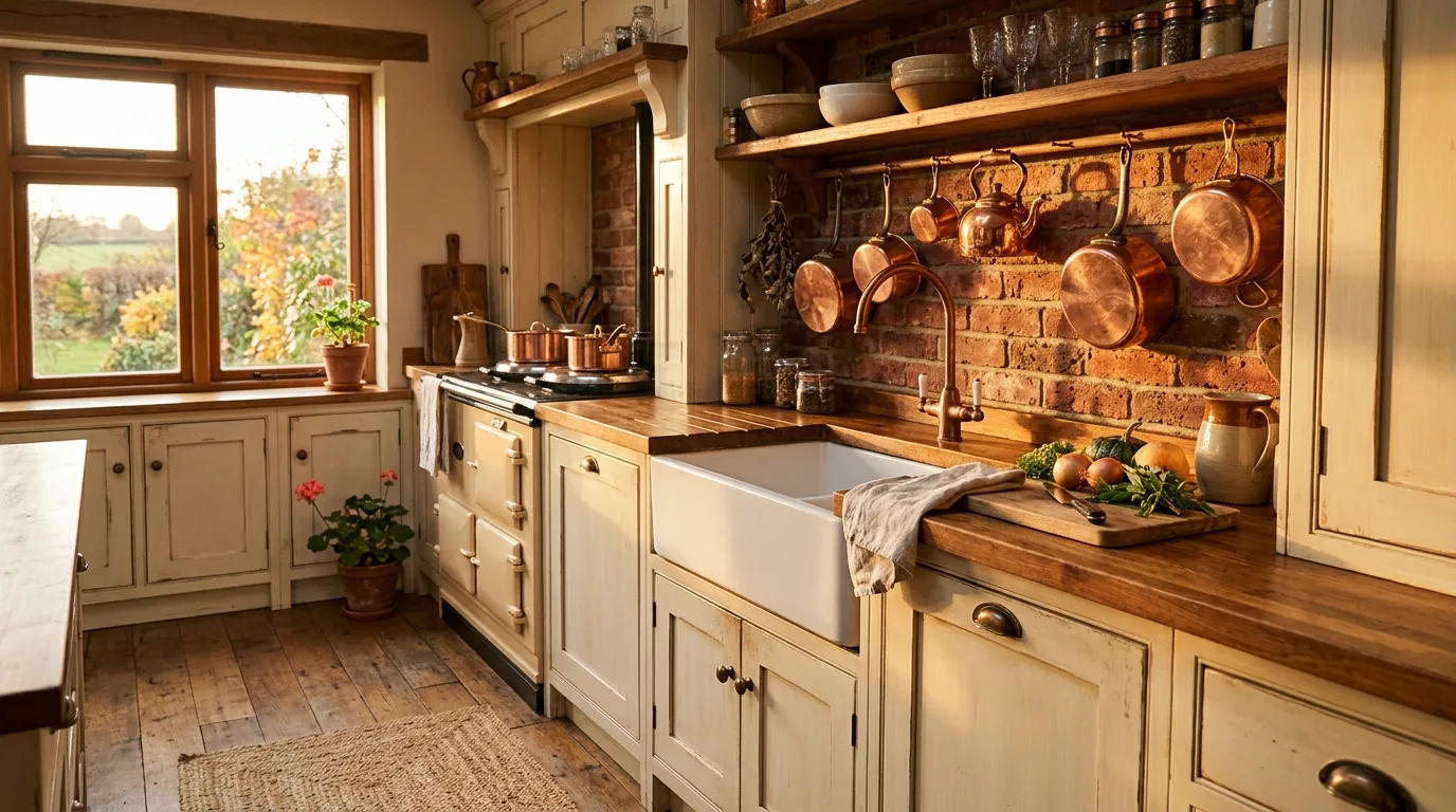 Cream kitchen with brass accents. Warm metallic details enriching a soft creamy palette.
