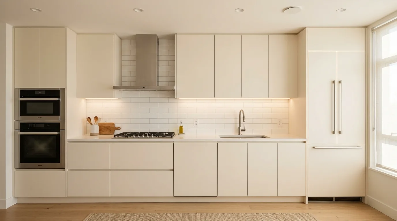 Modern flat-front cream kitchen cabinets. Soft contemporary cabinetry creating a calm inviting kitchen.