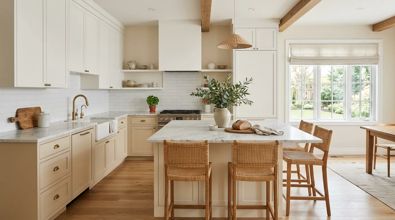 Cream kitchen with textured backsplash. Layered surfaces adding depth to a soft warm palette.