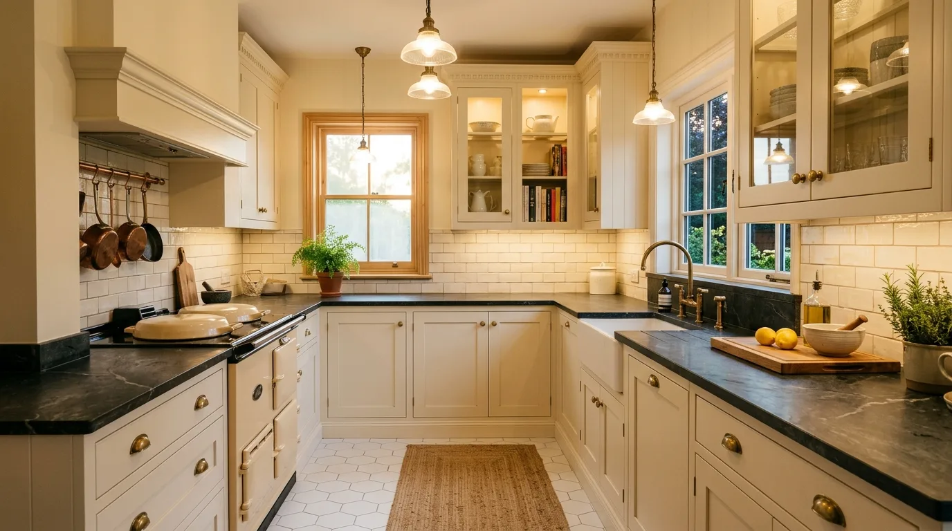 Cream kitchen with black accents. Warm neutral cookspace sharpened by darker contrasting details.