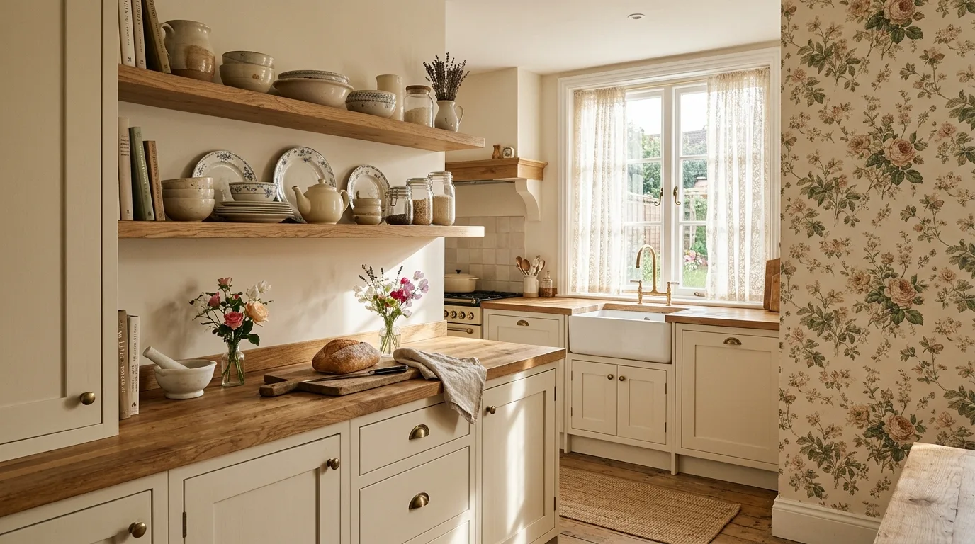 Cream kitchen with open shelves. Warm neutral backdrop supporting airy everyday styling.