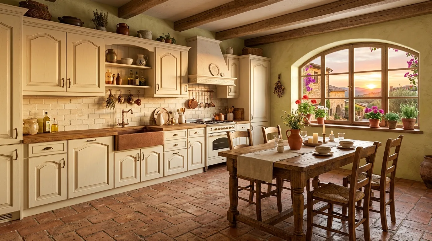 Small warm cream kitchen. Soft bright cabinetry helping a compact kitchen feel inviting.