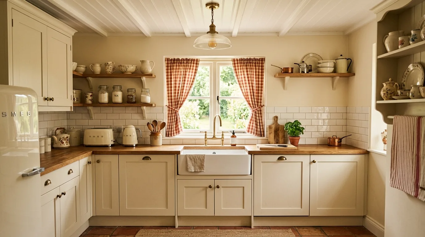 Cream kitchen with warm lighting. Layered illumination enhancing the soft warmth of the palette.