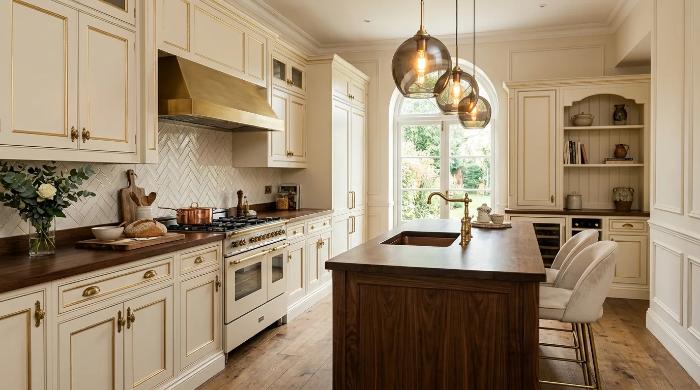 Warm cream kitchen designed as a whole palette. Soft inviting cookspace built around layered cream tones.