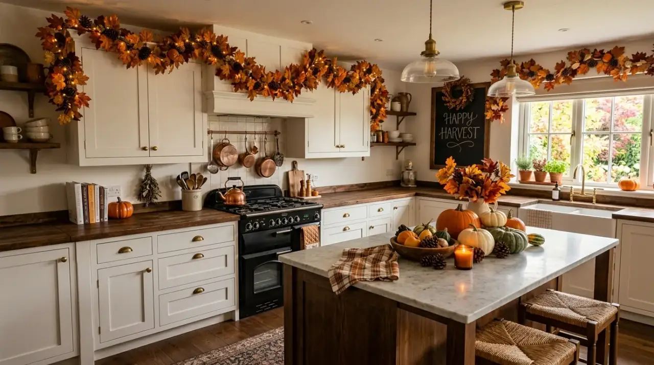 Warm fall kitchen decor with amber accents, pumpkins, wood texture, and a cozy autumn atmosphere.