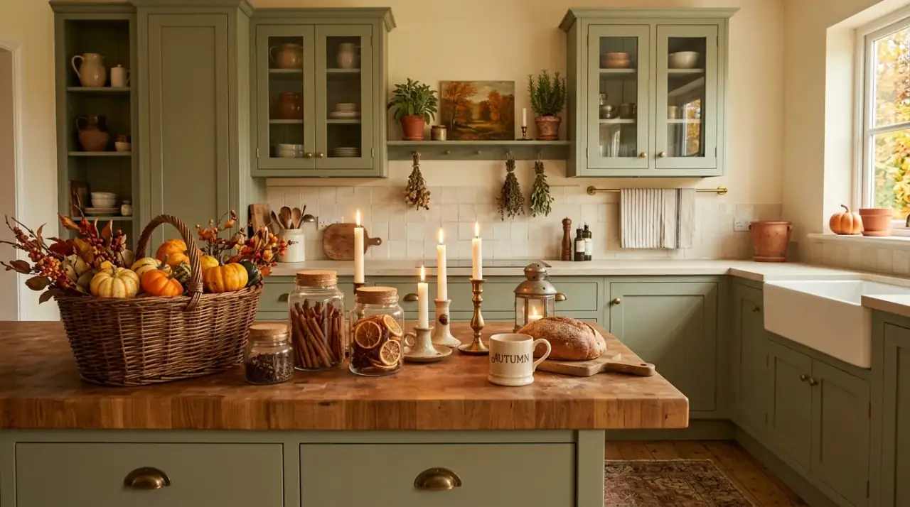 Mini pumpkins in kitchen. Small grouped pumpkins bringing seasonal warmth to the cookspace.