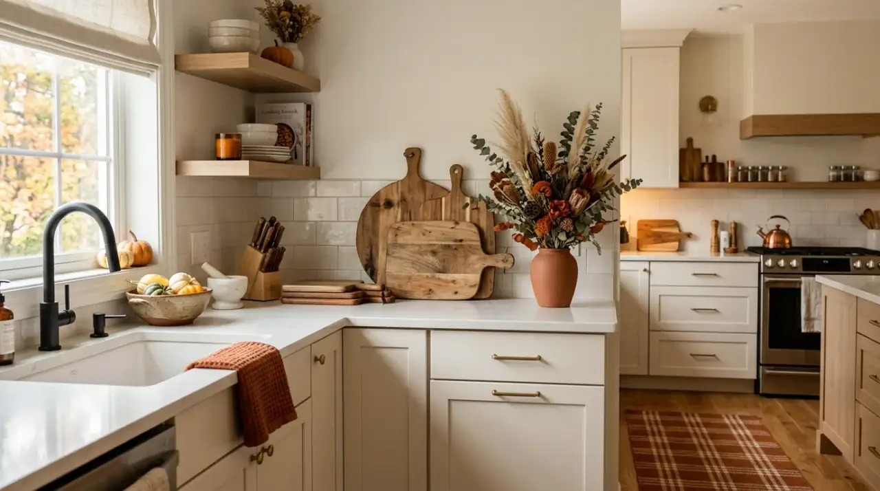 Copper fall kitchen decor. Warm metallic accents adding autumn depth to the kitchen.