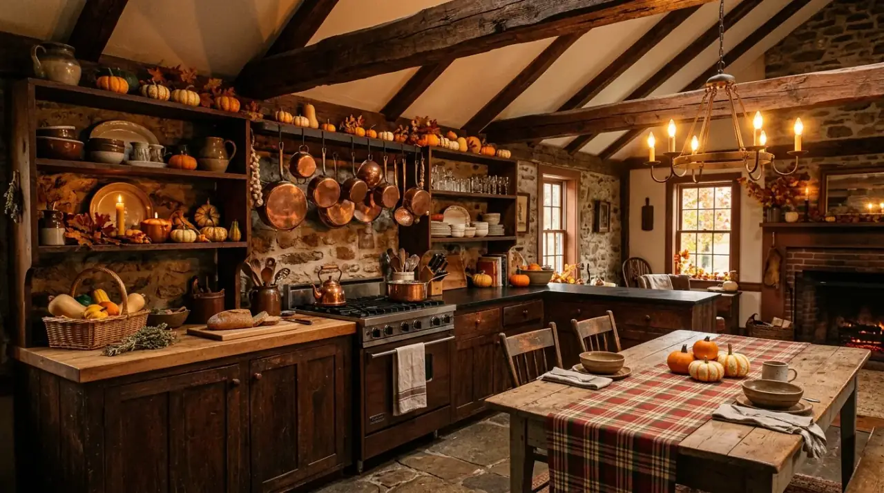 Fall textiles in kitchen. Plaid and woven fabrics warming the kitchen for autumn.