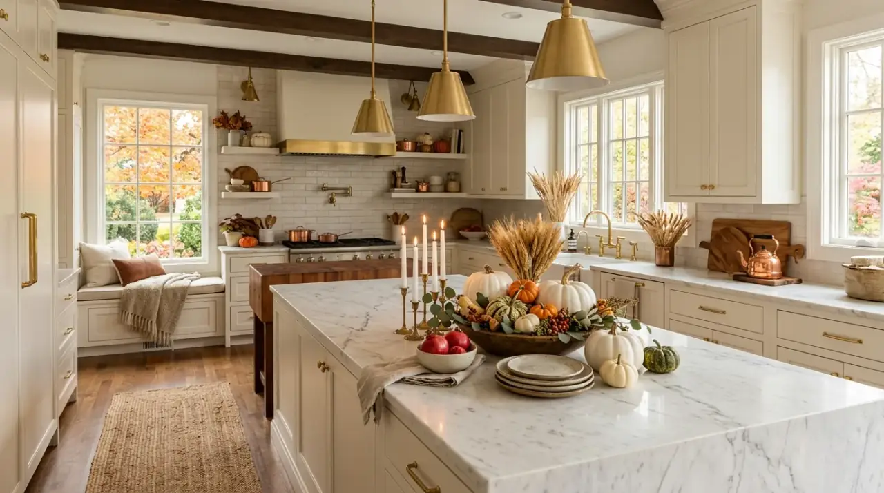 Fall coffee bar kitchen. Autumn coffee corner with warm mugs, spice tones, and cozy details.
