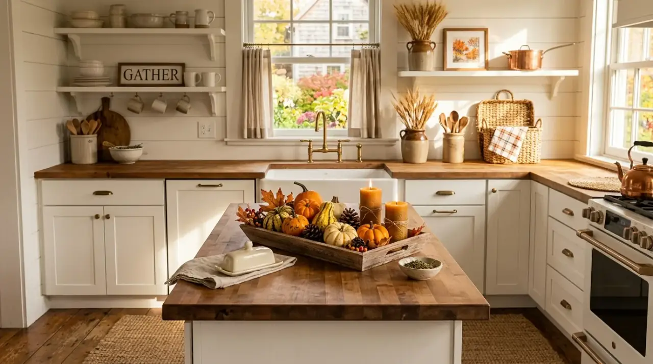Dried stems fall kitchen. Wheat and branches adding natural autumn texture to the kitchen.