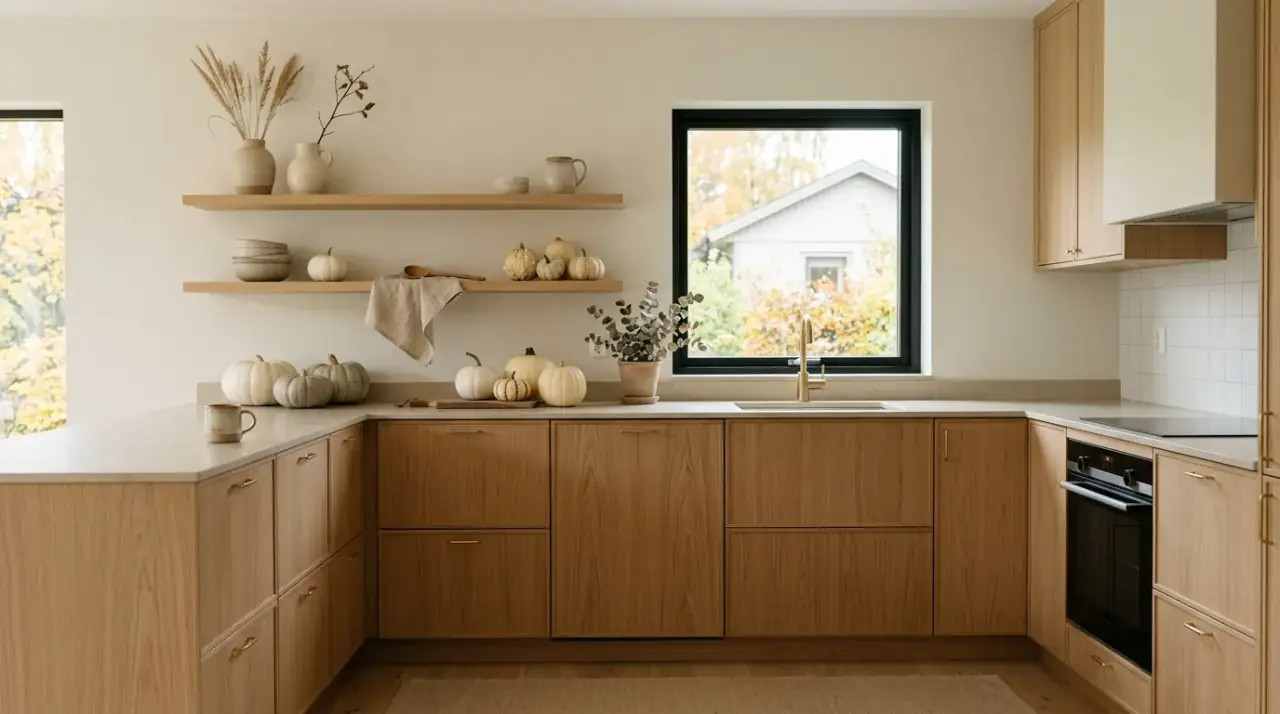 Wood accents fall kitchen. Warm wooden kitchen pieces enhancing an autumn atmosphere.