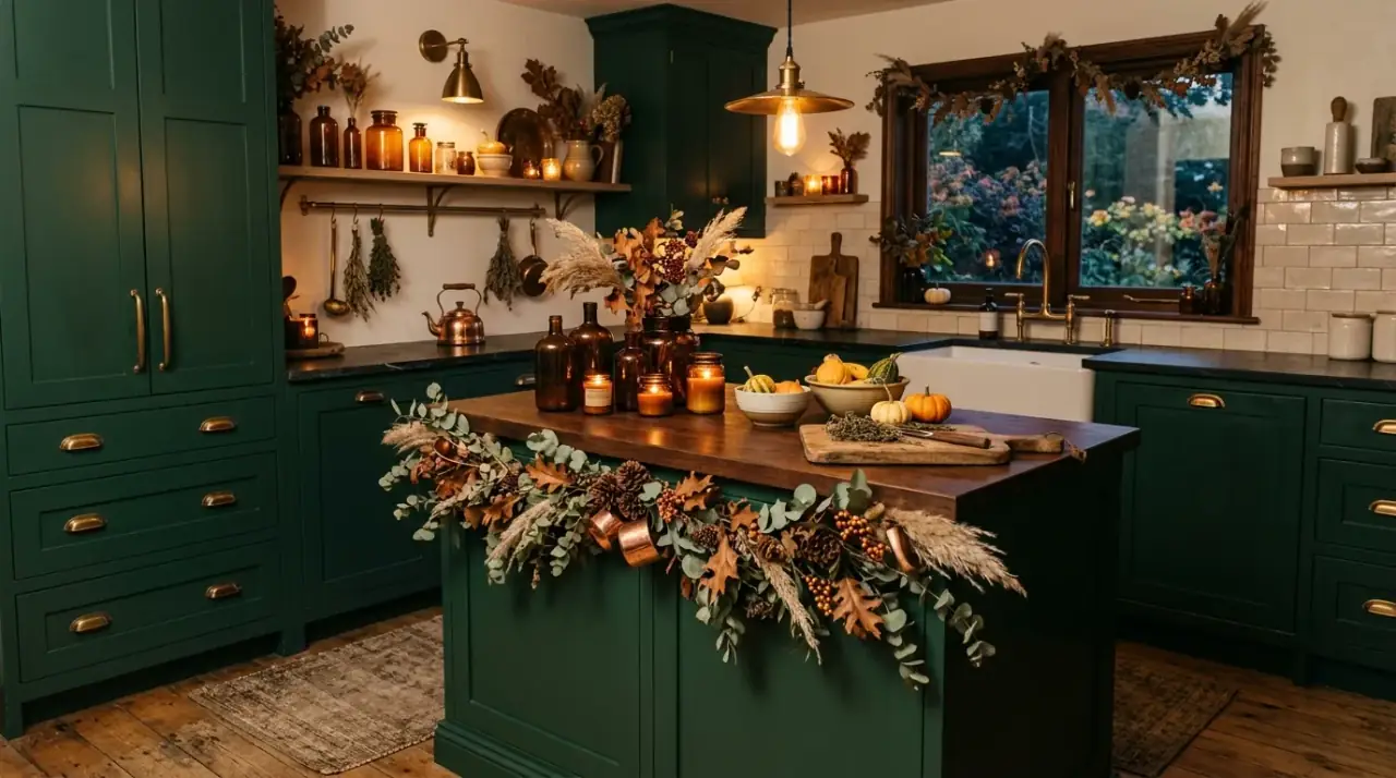 Autumn fruit on kitchen island. Apples and pears styled as warm seasonal kitchen decor.