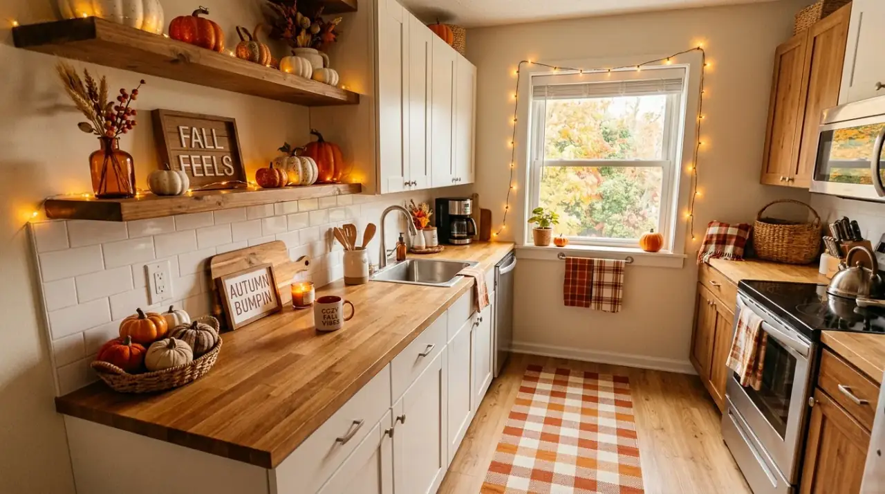Fall kitchen candlelight. Warm candles and lamp light creating a cozy autumn kitchen mood.