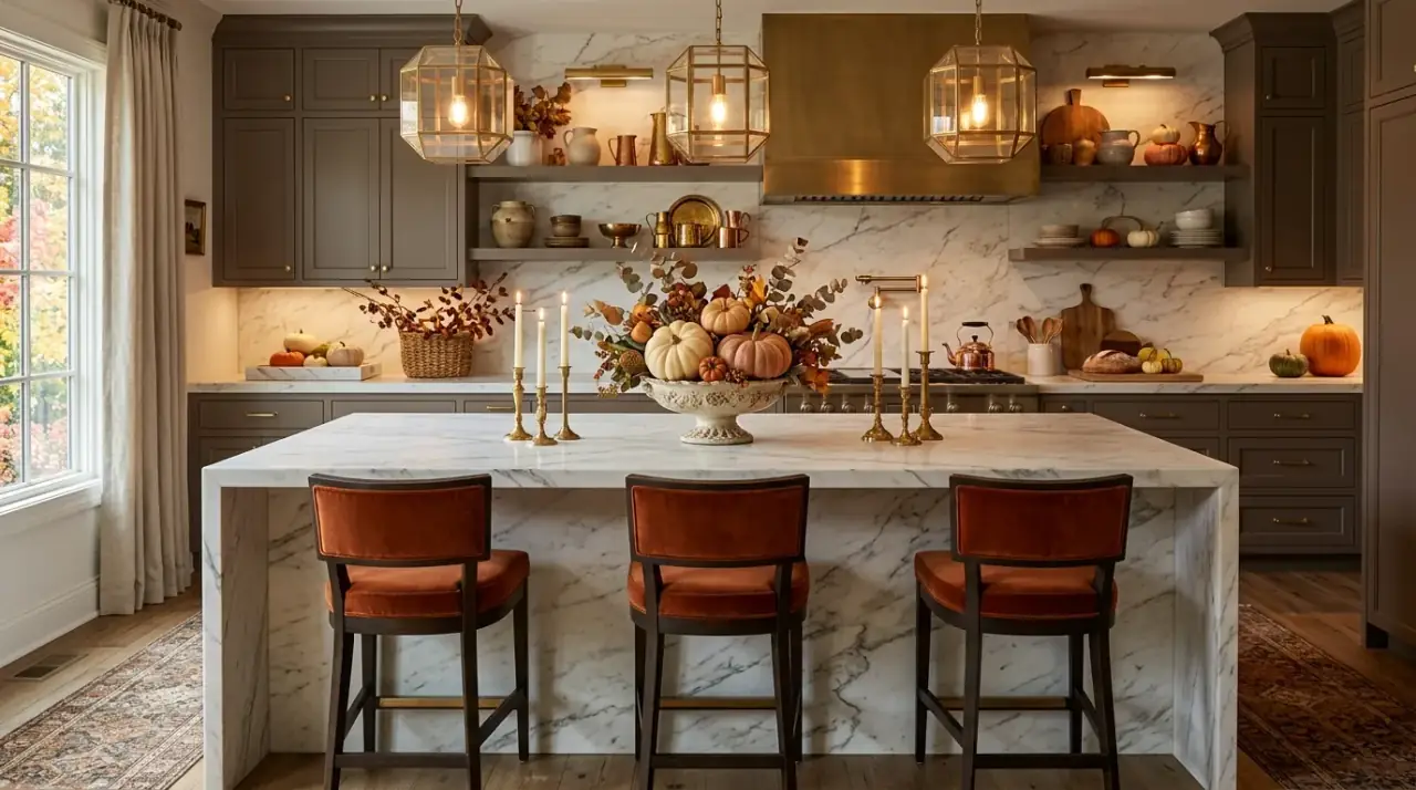Muted fall colors kitchen. Rust and clay-toned autumn styling for a more refined kitchen look.