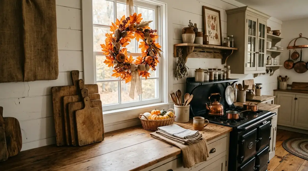 Fall kitchen window decor. Seasonal kitchen window styling with light-catching autumn accents.