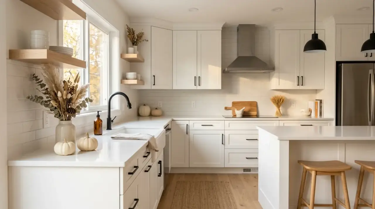 Crock fall kitchen styling. Practical utensil crock layered with seasonal autumn texture.