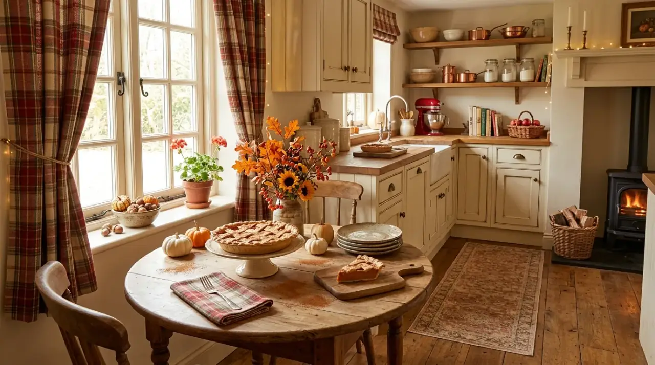 Fall kitchen centerpiece. Gathered autumn centerpiece styling for an island or kitchen table.