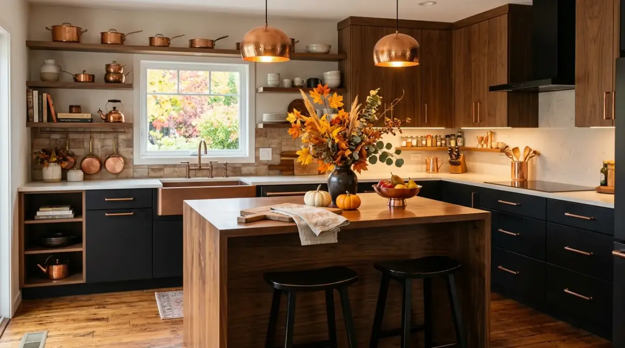 Fall kitchen overview. Warm autumn kitchen styling balancing comfort, texture, and everyday use.