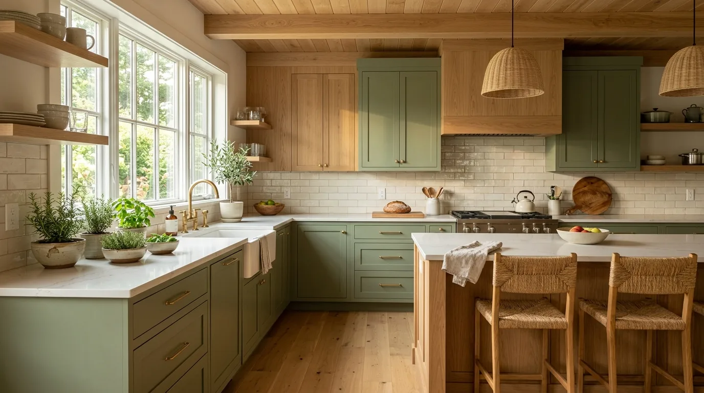 Warm green kitchen cabinets paired with natural oak panels, quartz counters, and soft morning light.