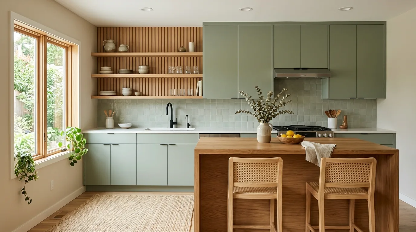 Sage green flat-panel cabinets with wood slat accents. Waterfall oak island, black faucet, beige walls, and woven rug.