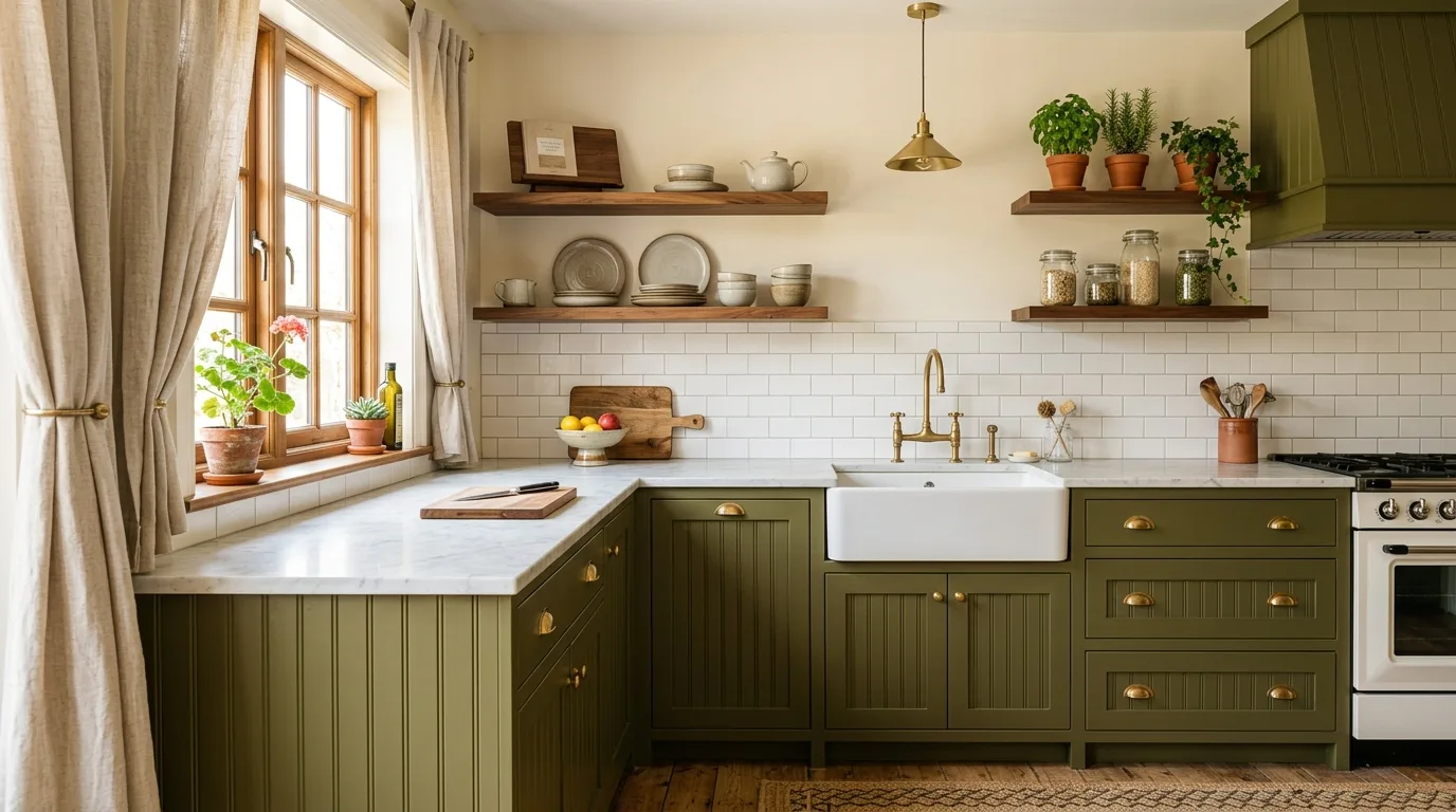 Olive green beadboard cabinets with walnut shelving. Marble counters, brass hardware, linen curtains, and soft afternoon light.