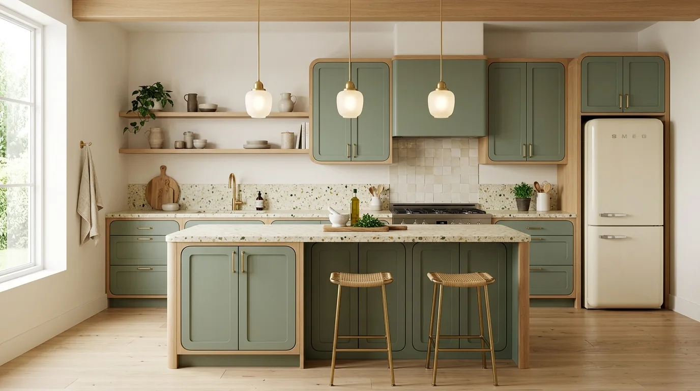 Muted green inset cabinets with oak framing. Terrazzo countertops, cream fridge, and brass pendants.