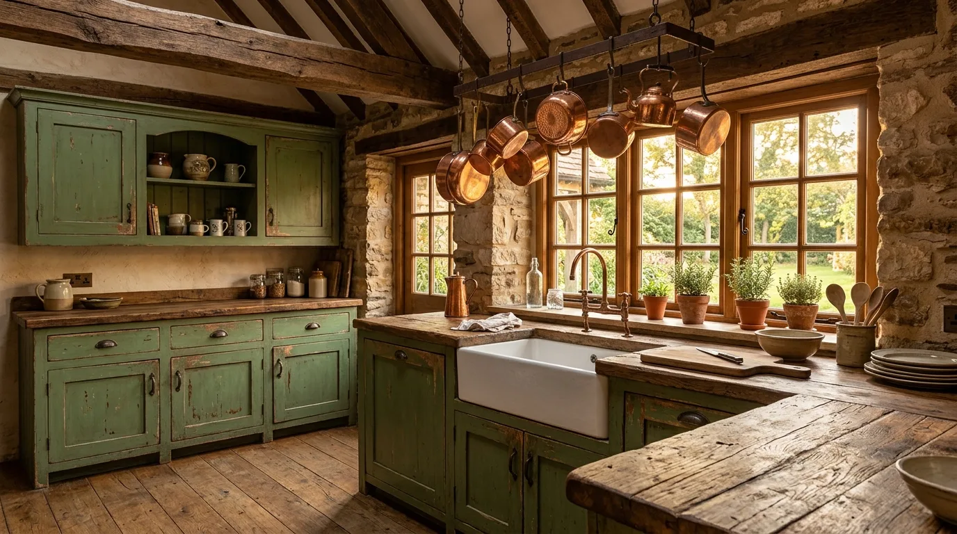 Earthy green distressed cabinets with reclaimed wood counters. Exposed beams, copper cookware, apron sink, and warm evening light.