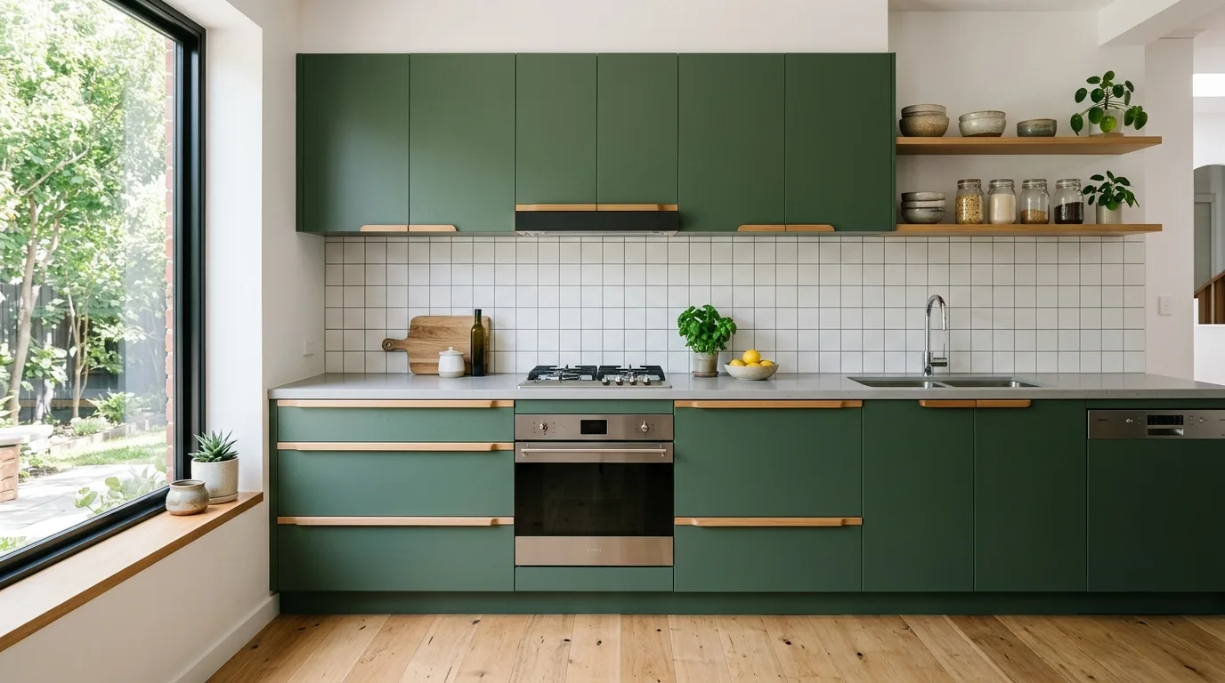 Matte green slab cabinets with integrated wood handles. White tile backsplash, stainless oven, and light oak flooring.