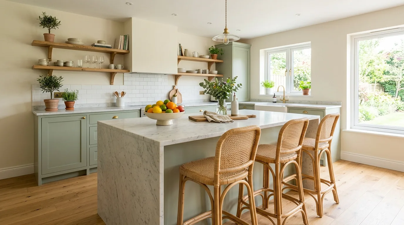 Soft green lower cabinets with natural wood shelving. Marble island, rattan stools, cream walls, and airy daylight.